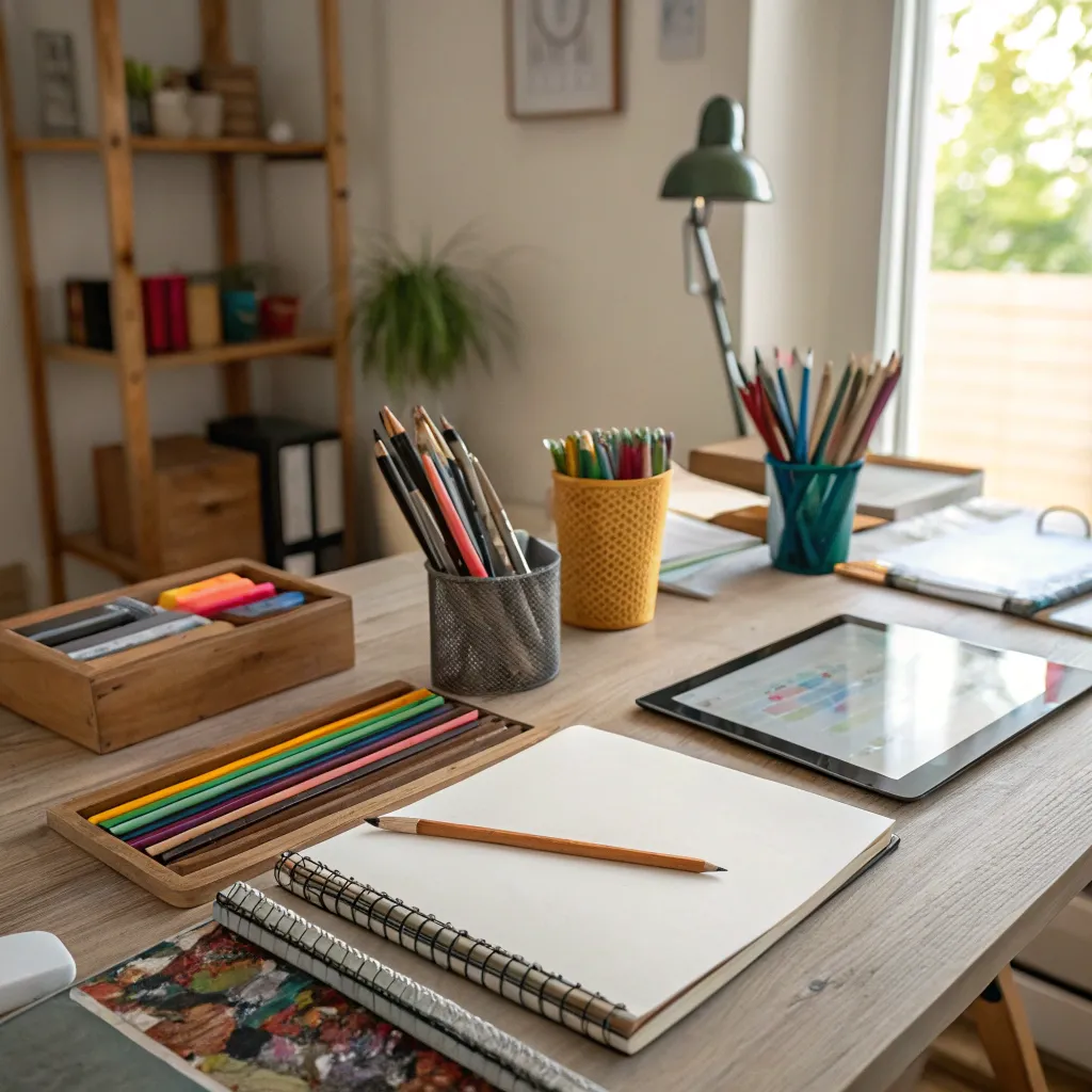 Artist's workspace with drawing tools